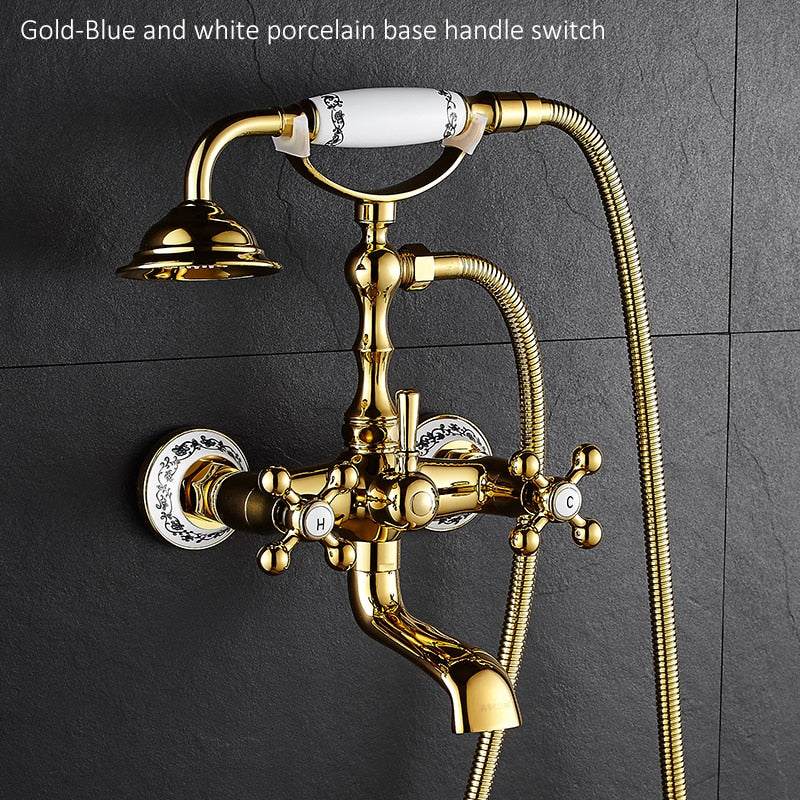 Luxury Crystal Handle Bathtub Gold Brass Faucet with Hand Shower Telephone Type Bath.