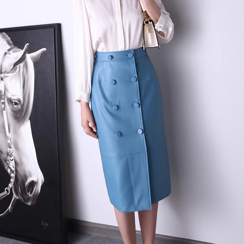 Genuine Leather Skirt Women 2022 Winter New European Station Lambskin High Waist Double Breasted Wrap Jupe Mujer Blue Long Falda