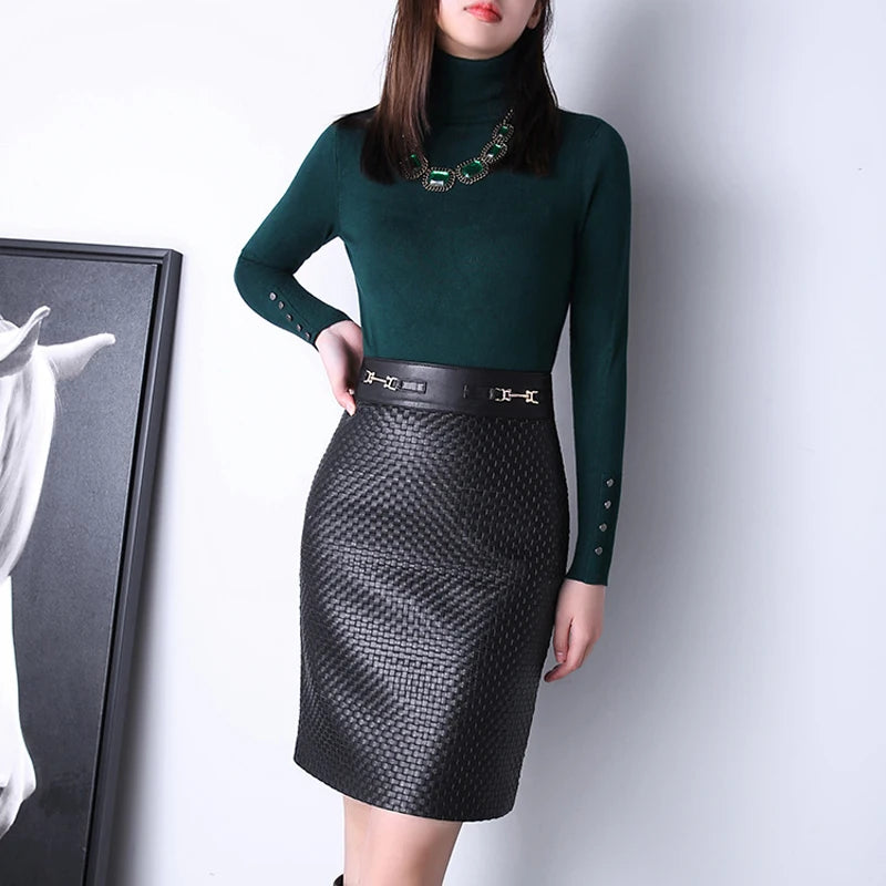 Luxury Leather Clothing for Women Stylish Knitted Skirt Female Hand Weaving Process Midi Long Jupe Metal Chain Grey Slit Gonne