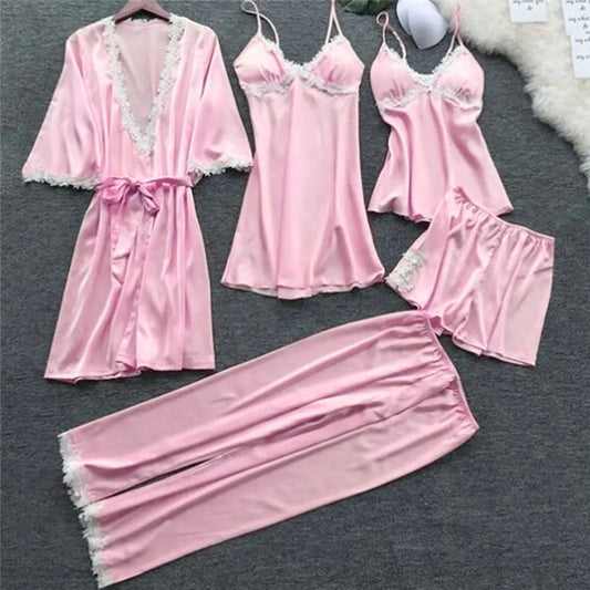 2025 Women’s Satin Sleepwear Set – 5-Piece Lace Pajamas for Night & Lounge