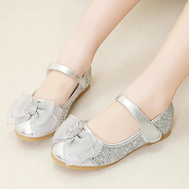 Girls’ Silver Sequins Leather Princess Shoes – Bow Dress Shoes for School, Wedding & Party