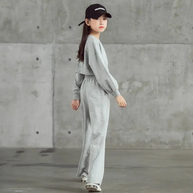 2024 Girls’ Autumn Winter Tracksuit – Casual Crop Top T-Shirt + Wide-Leg Pants (Ages 7-12)