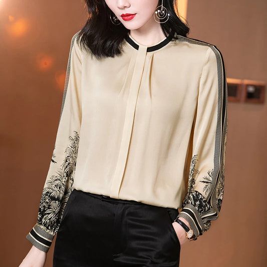 2024 Spring Autumn Women's Print Shirt Elegant Fashion Shirts Long Sleeve Blouses Women Loose Tops Woman Real Silk Satin Blouse