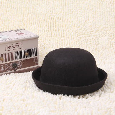 Flat-Top Fedora Hat – Pure Color Imitation Wool Wide-Brim Bowler Hat for Adults & Children