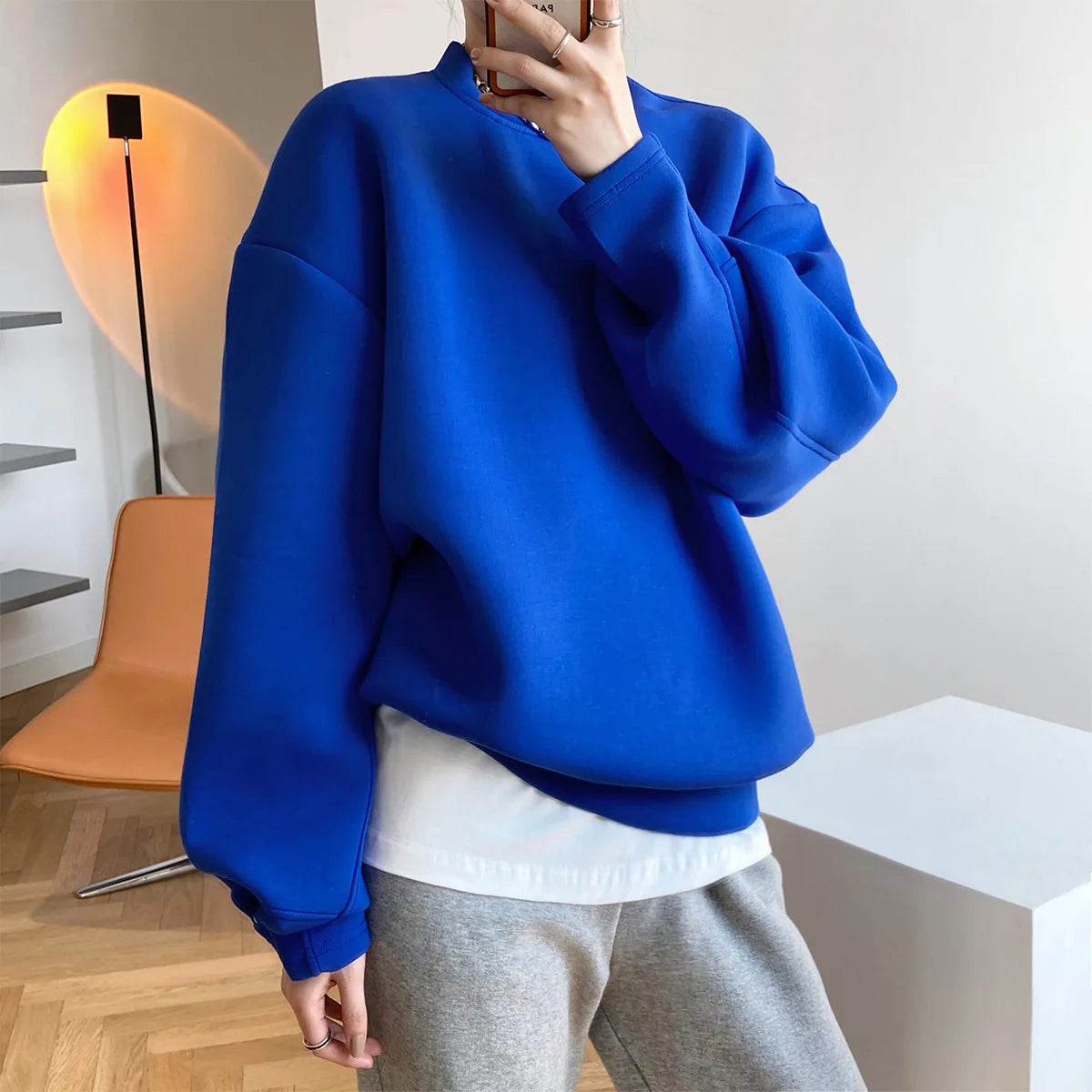 2022 Spring Long Sleeve Women Thick Hoodies O-Neck Pure Color Women Warm Oversize Style Women Blue Hoodies Women Tops