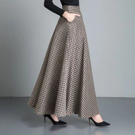 Winter Fashion Vintage Retro Style Casual Plus Size 6XL XXXXXL Female lattice Plaid Woolen a-line Long Maxi Skirts for Womens