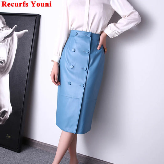 Genuine Leather Skirt Women 2022 Winter New European Station Lambskin High Waist Double Breasted Wrap Jupe Mujer Blue Long Falda