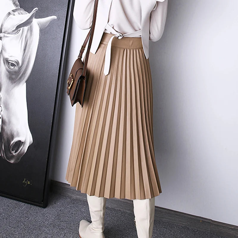 Harajuku Pleated Long Skirt Women Natural Leather Pure Skin A-Line Buttons Maxi Jupe Chic Ladies Vintage Streetwear Beige Gonne