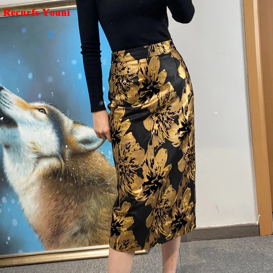 Genuine Leather Skirt Women 2024 Spring Chic Sheepskin High Waist Sexy Wrap Jupe Mujer Big Golden Flower Print Slit Midi Saia