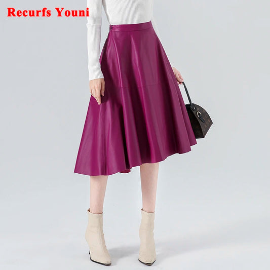 LUXURY Women Genuine Leather Over Knee Purple Skirt Female Fashion Long Pleated Jupe Mujer Violet Irregular Big Hem Flared Saias