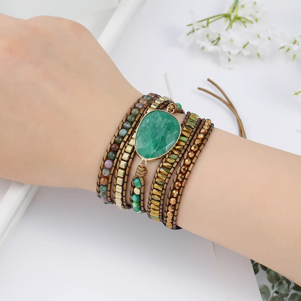 Crystal & Gemstone Vintage 5-Wrap Bracelet — Genuine Leather & Natural Green Stone Beads — view 2 of crystal & gemstone