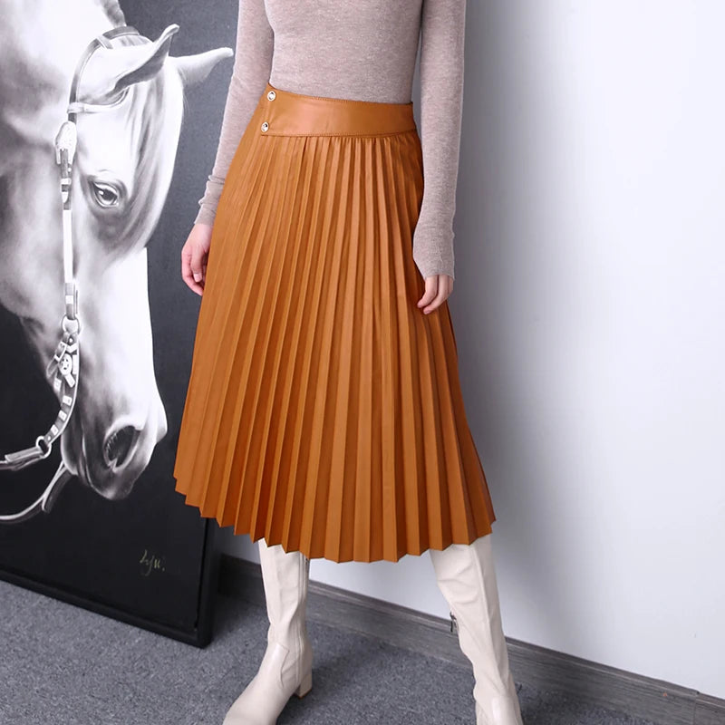 Women Leather Pleated Skirt Feminino Harajuku Lambskin Waistband Buttons Long Jupe Mujer Orange Brown Saias Longas Streetwear