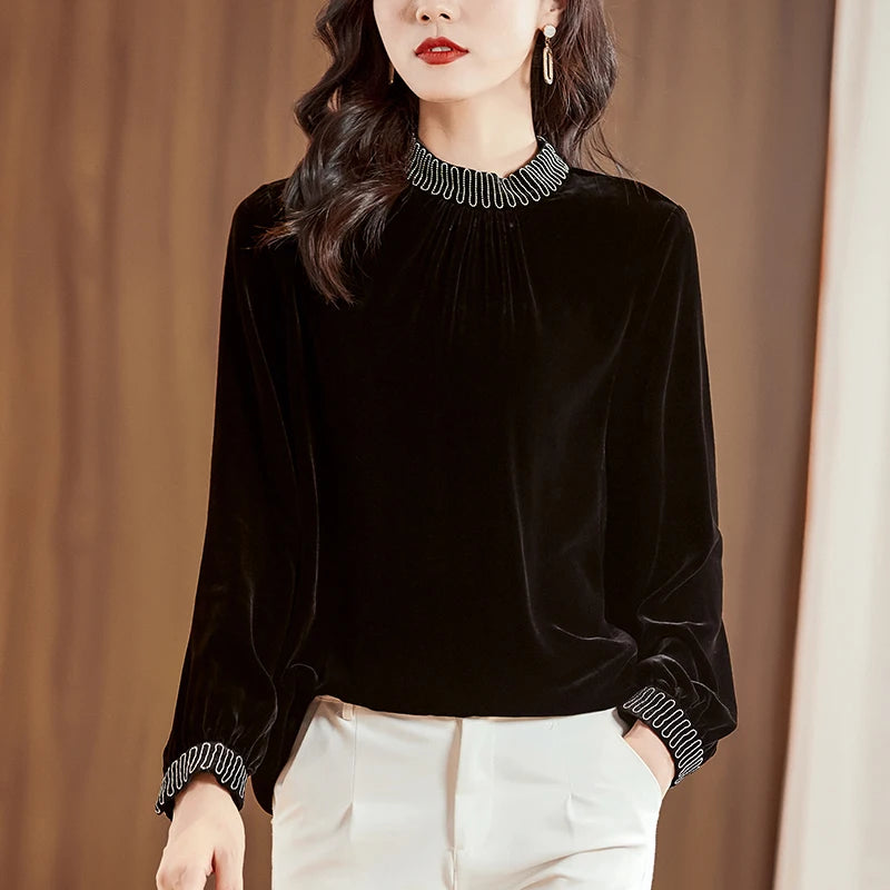 Vintage Real Silk Velvet Women Black Shirt Elegant Fashion Stand Collar Long Sleeve Blouses Loose Lady Blouse Autumn Winter