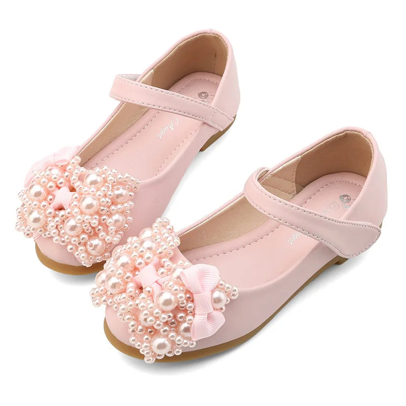 Girls’ Leather Princess Shoes – Bow Beaded Dress Shoes for School, Wedding & Party