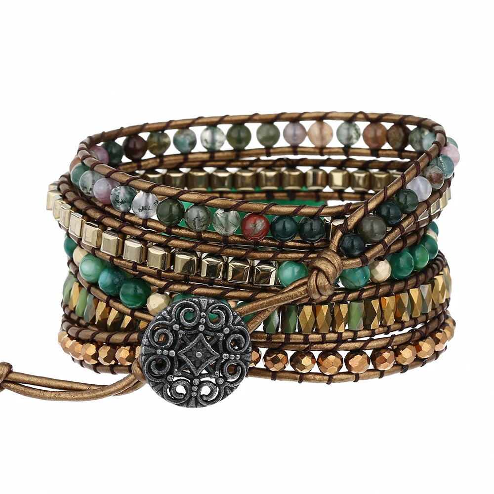 Crystal & Gemstone Vintage 5-Wrap Bracelet — Genuine Leather & Natural Green Stone Beads — view 4 of crystal & gemstone