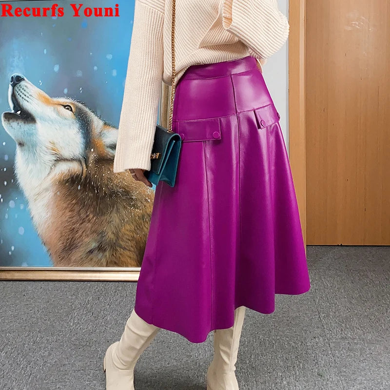 French Style Stylish Purple Skirt 2024 Spring Women Retro Genuine Leather Over-the-knee 70CM Long Faldas Mujer Pleated Maxi Jupe