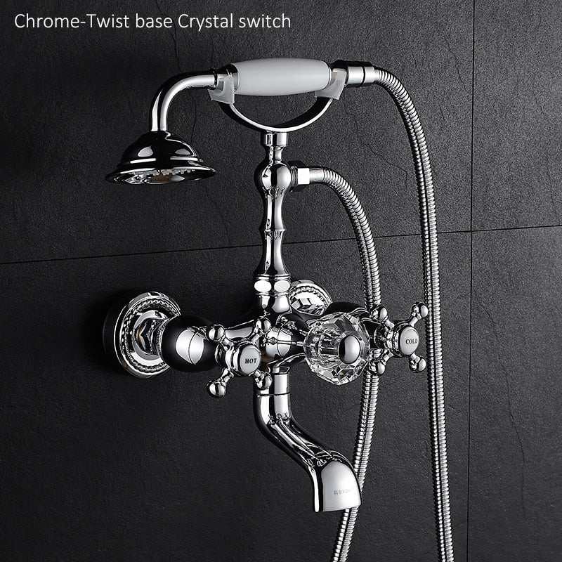 Luxury Crystal Handle Bathtub Gold Brass Faucet with Hand Shower Telephone Type Bath.