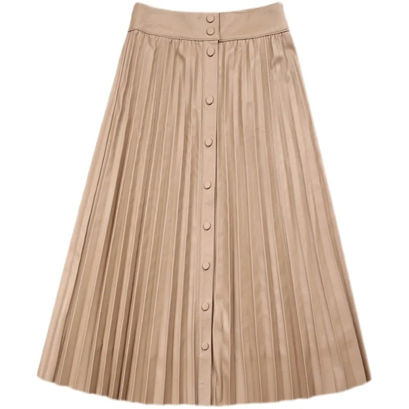 Harajuku Pleated Long Skirt Women Natural Leather Pure Skin A-Line Buttons Maxi Jupe Chic Ladies Vintage Streetwear Beige Gonne