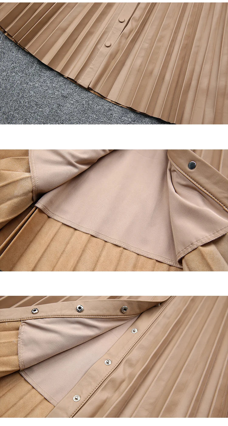 Harajuku Pleated Long Skirt Women Natural Leather Pure Skin A-Line Buttons Maxi Jupe Chic Ladies Vintage Streetwear Beige Gonne