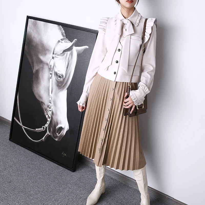 Harajuku Pleated Long Skirt Women Natural Leather Pure Skin A-Line Buttons Maxi Jupe Chic Ladies Vintage Streetwear Beige Gonne