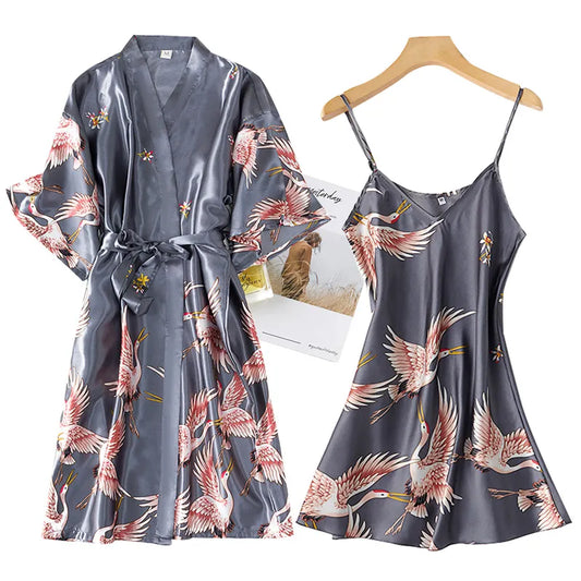 Women Rayon 2PCS Robe Set Bride Bridesmaid Wedding Robe Gown Lace Sexy Kimono Bathrobe Night Dress Casual