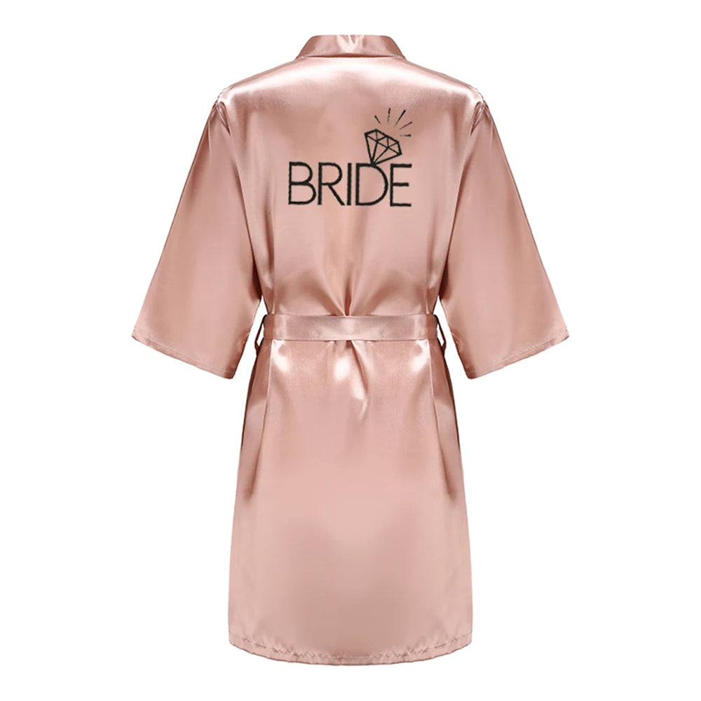 Wedding Party Team Bride Robe With Black Letters Kimono Satin Pajamas Bridesmaid Rose Gold Pink Bathrobe