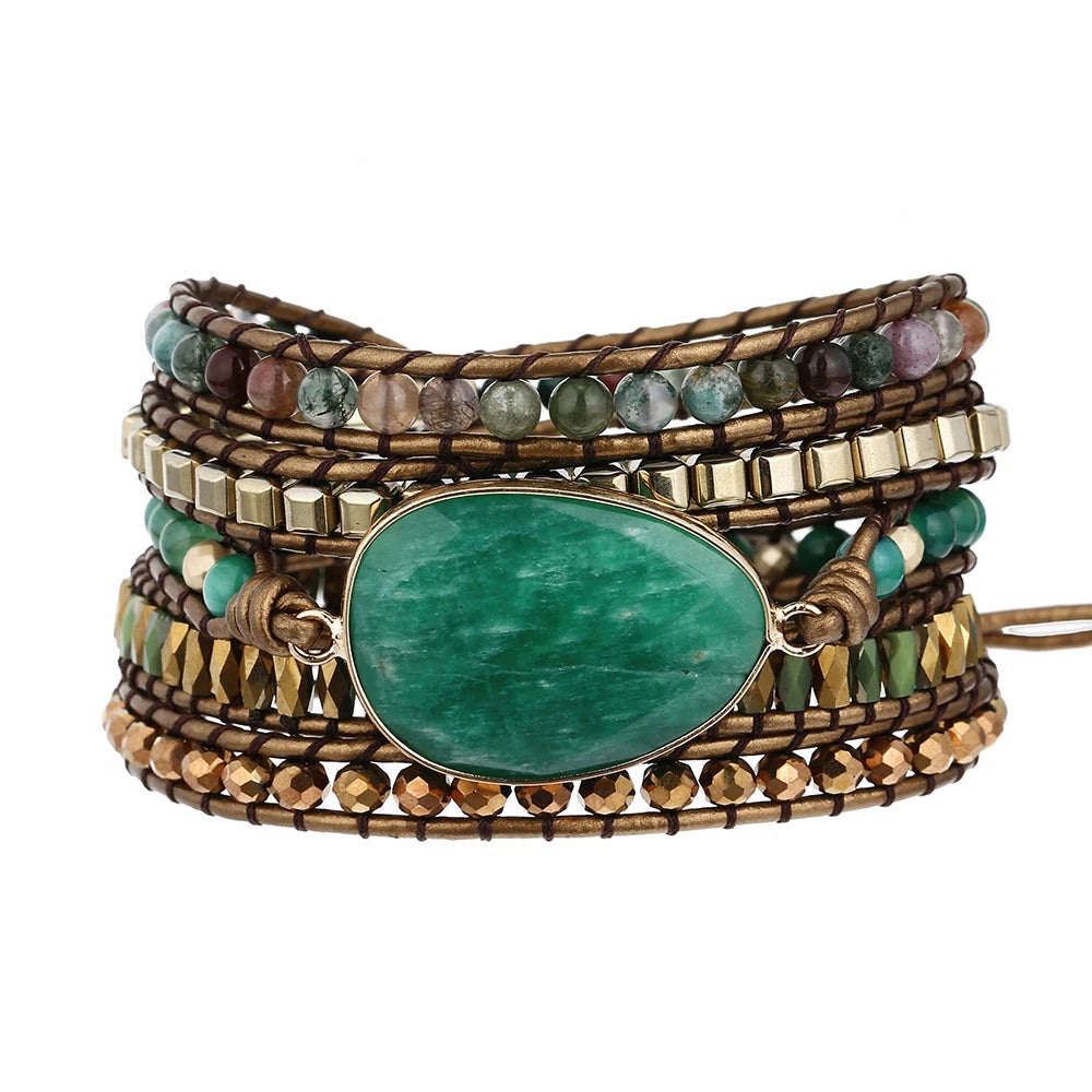 Crystal & Gemstone Vintage 5-Wrap Bracelet — Genuine Leather & Natural Green Stone Beads — view 3 of crystal & gemstone