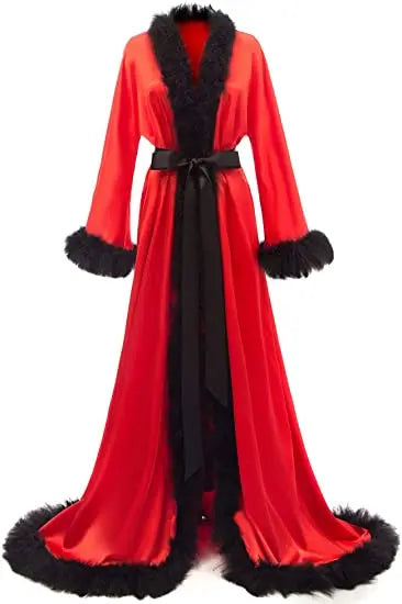 Women's Satin Robe Fur Nightgown Bathrobe Sleepwear Feather Bridal Robe with Belt