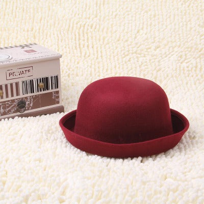 Flat-Top Fedora Hat – Pure Color Imitation Wool Wide-Brim Bowler Hat for Adults & Children