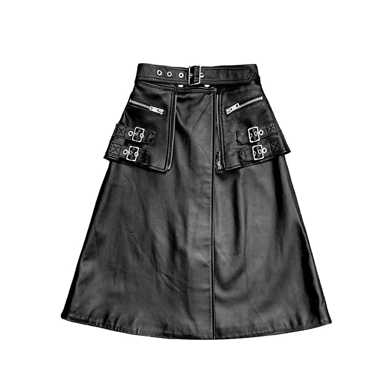 Punk Rock Skirt Women 2022 Winter Women's 100% Lambskin Leather Heavy Metal Fitting Pockets Jupe Y2k Clothes Mujer A-line Faldas