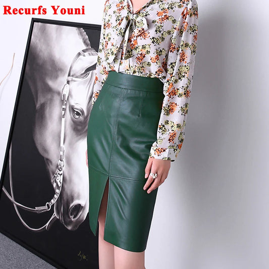 Women Clothing Winter Harajuku Female Genuine Leather Simple Split Knee Length Skirt Femme Brown/Dark Green Pencil Slit Gonne