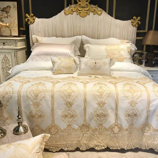 40Wide Golden Lace Duvet /Comforter Cover Set Pink White Premium Egyptian Cotton Bedding set Luxury Queen King size Bed sheet