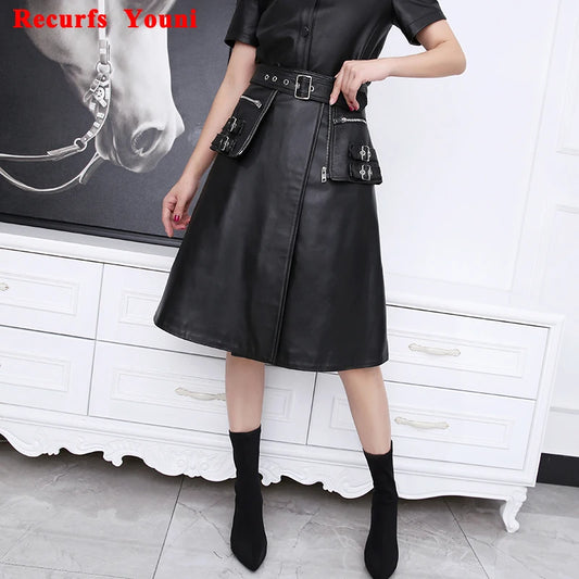 Punk Rock Skirt Women 2022 Winter Women's 100% Lambskin Leather Heavy Metal Fitting Pockets Jupe Y2k Clothes Mujer A-line Faldas