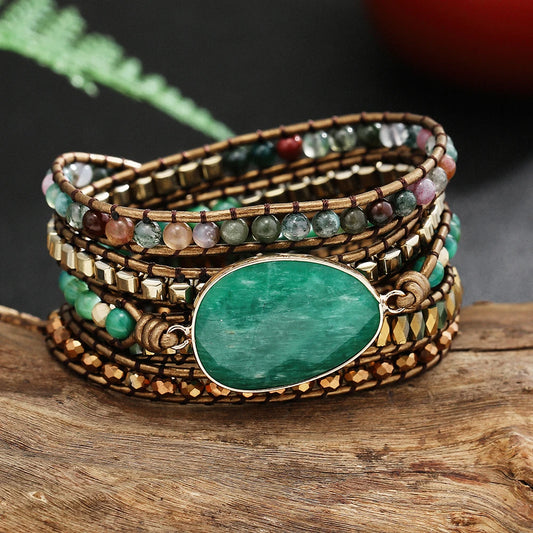 Crystal & Gemstone Vintage 5-Wrap Bracelet — Genuine Leather & Natural Green Stone Beads — view 1 of crystal & gemstone