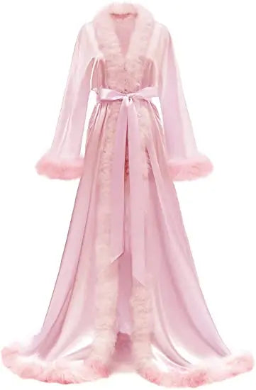 Women's Satin Robe Fur Nightgown Bathrobe Sleepwear Feather Bridal Robe with Belt