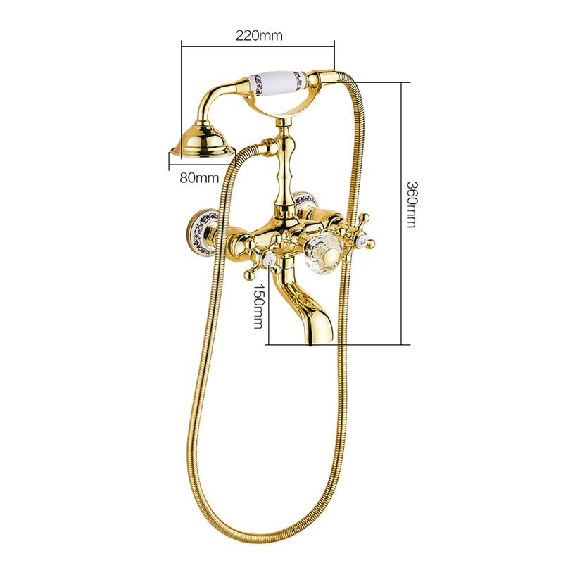 Luxury Crystal Handle Bathtub Gold Brass Faucet with Hand Shower Telephone Type Bath.