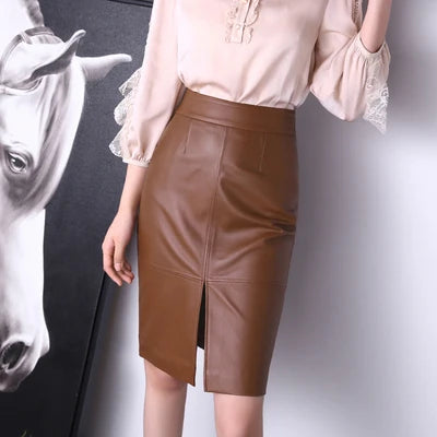 Women Clothing Winter Harajuku Female Genuine Leather Simple Split Knee Length Skirt Femme Brown/Dark Green Pencil Slit Gonne