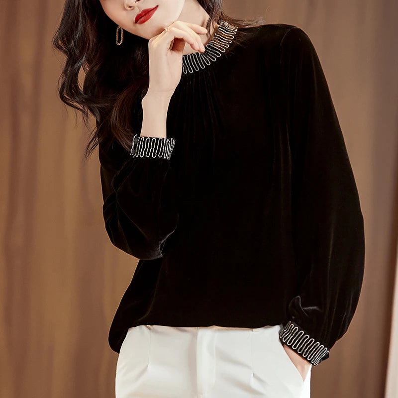 Vintage Real Silk Velvet Women Black Shirt Elegant Fashion Stand Collar Long Sleeve Blouses Loose Lady Blouse Autumn Winter