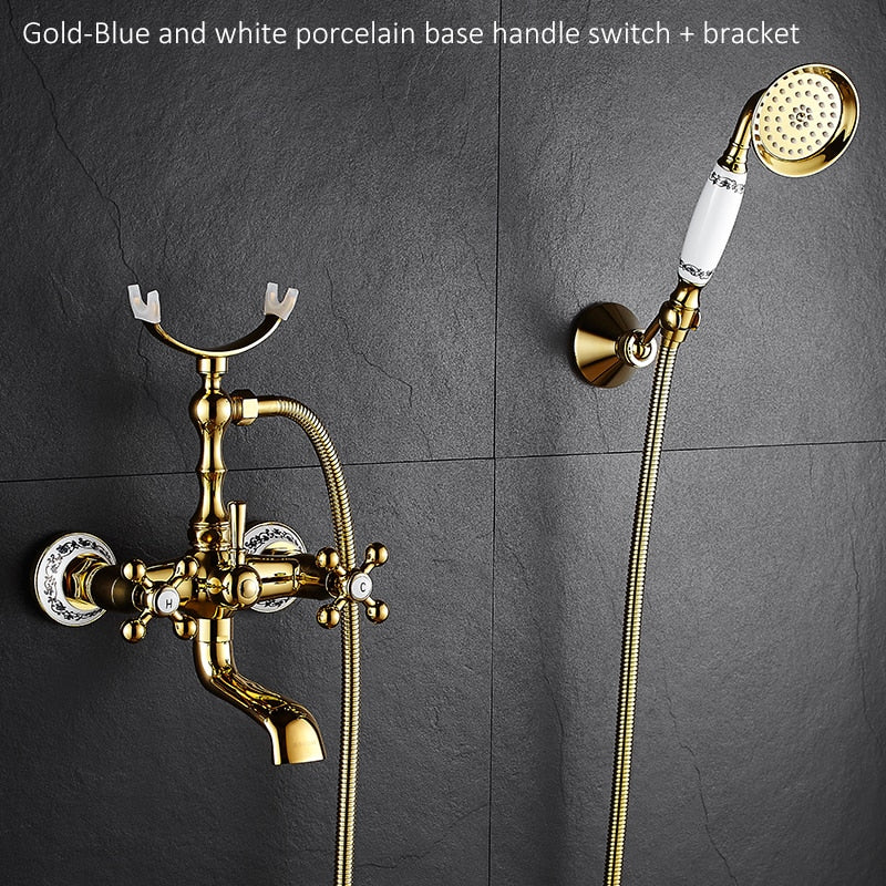 Luxury Crystal Handle Bathtub Gold Brass Faucet with Hand Shower Telephone Type Bath.