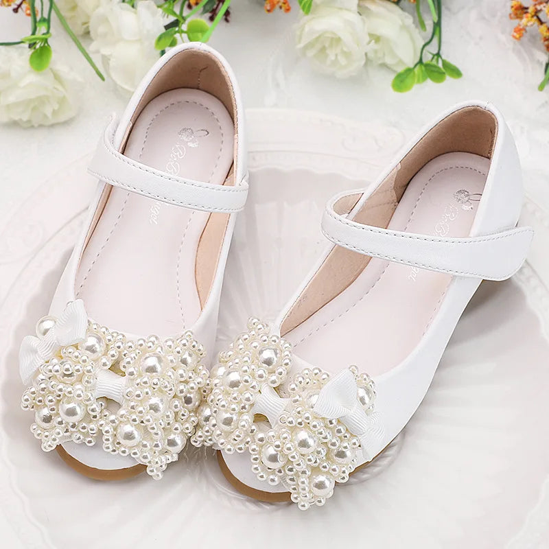 Girls’ Leather Princess Shoes – Bow Beaded Dress Shoes for School, Wedding & Party