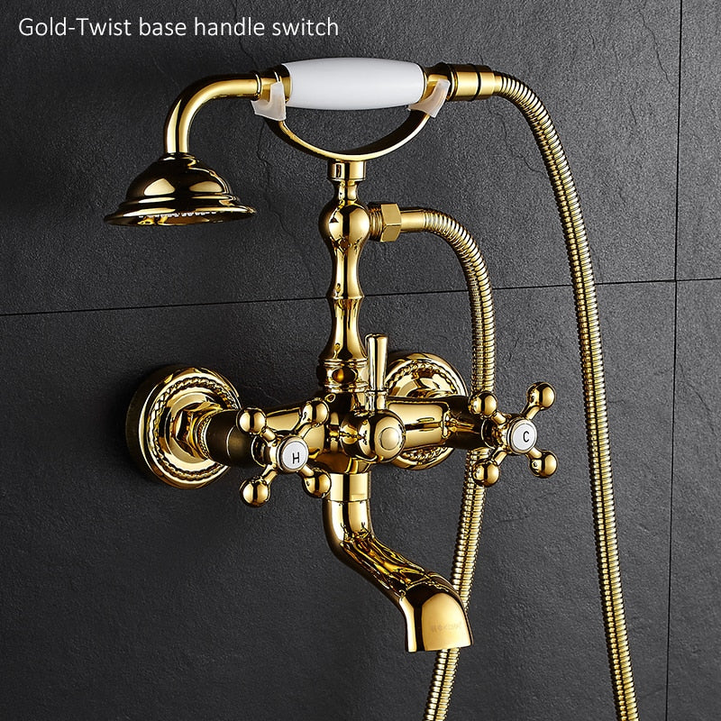 Luxury Crystal Handle Bathtub Gold Brass Faucet with Hand Shower Telephone Type Bath.