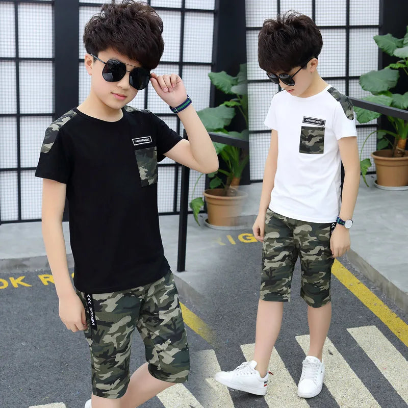 Boys Clothes Summer Clothing Set 2022 New Fashion Patchwork Camouflage O-neck Short Sleeve Two Pieces Suit Clothes For Boys