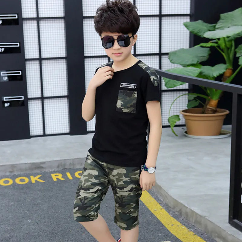 Boys Clothes Summer Clothing Set 2022 New Fashion Patchwork Camouflage O-neck Short Sleeve Two Pieces Suit Clothes For Boys