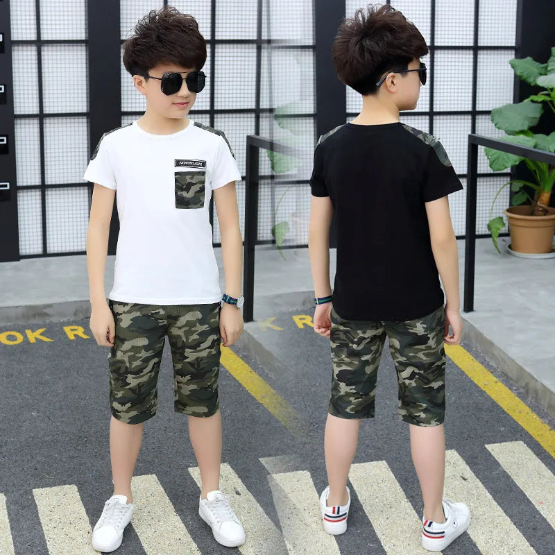 Boys Clothes Summer Clothing Set 2022 New Fashion Patchwork Camouflage O-neck Short Sleeve Two Pieces Suit Clothes For Boys