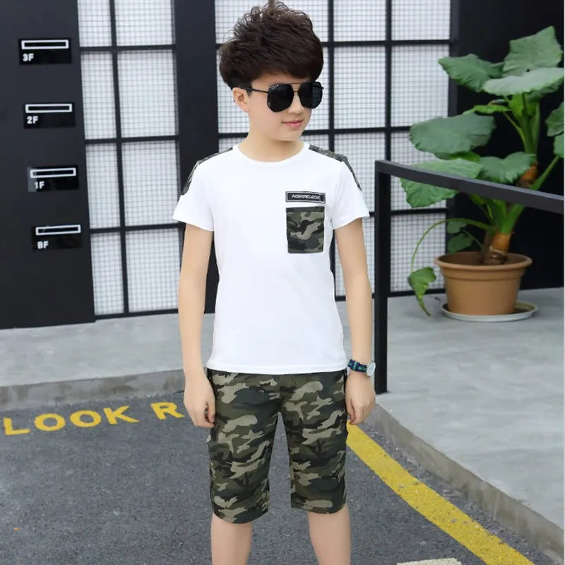 Boys Clothes Summer Clothing Set 2022 New Fashion Patchwork Camouflage O-neck Short Sleeve Two Pieces Suit Clothes For Boys