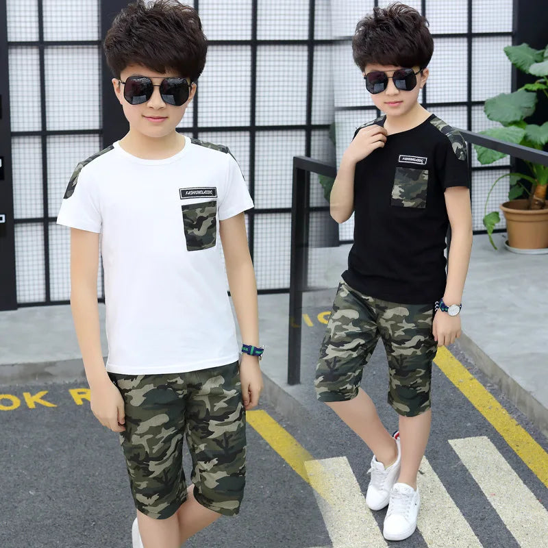 Boys Clothes Summer Clothing Set 2022 New Fashion Patchwork Camouflage O-neck Short Sleeve Two Pieces Suit Clothes For Boys