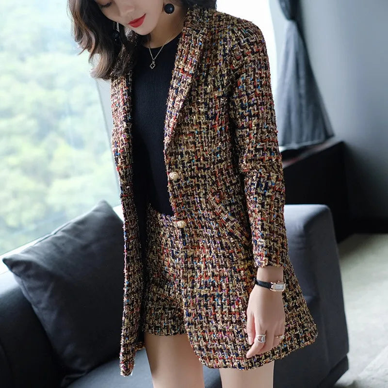 New Elegant Women Tweed Jacket Suits Spliced Twill Long Plaid Blazer Coat Shorts Outfits OL Office Work Formal Suit Sets