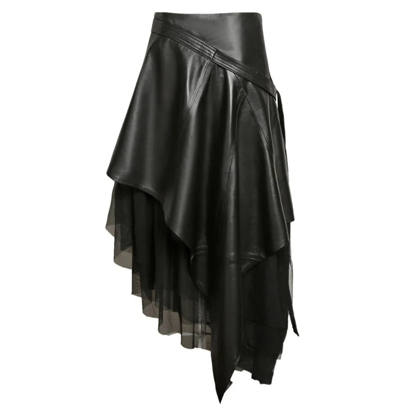 Winter South Korean Style Lady Genuine Leather 85cm Long Maxi Skirt With Belt Woman Novelty Irregular Tulle Voile Jupe Tutu Saia