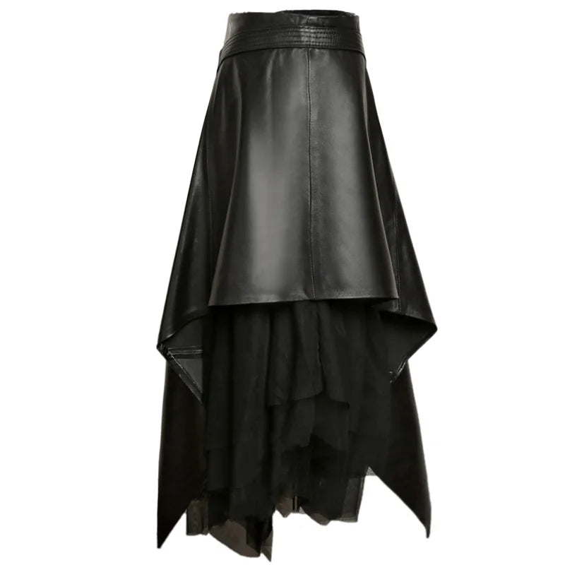 Winter South Korean Style Lady Genuine Leather 85cm Long Maxi Skirt With Belt Woman Novelty Irregular Tulle Voile Jupe Tutu Saia