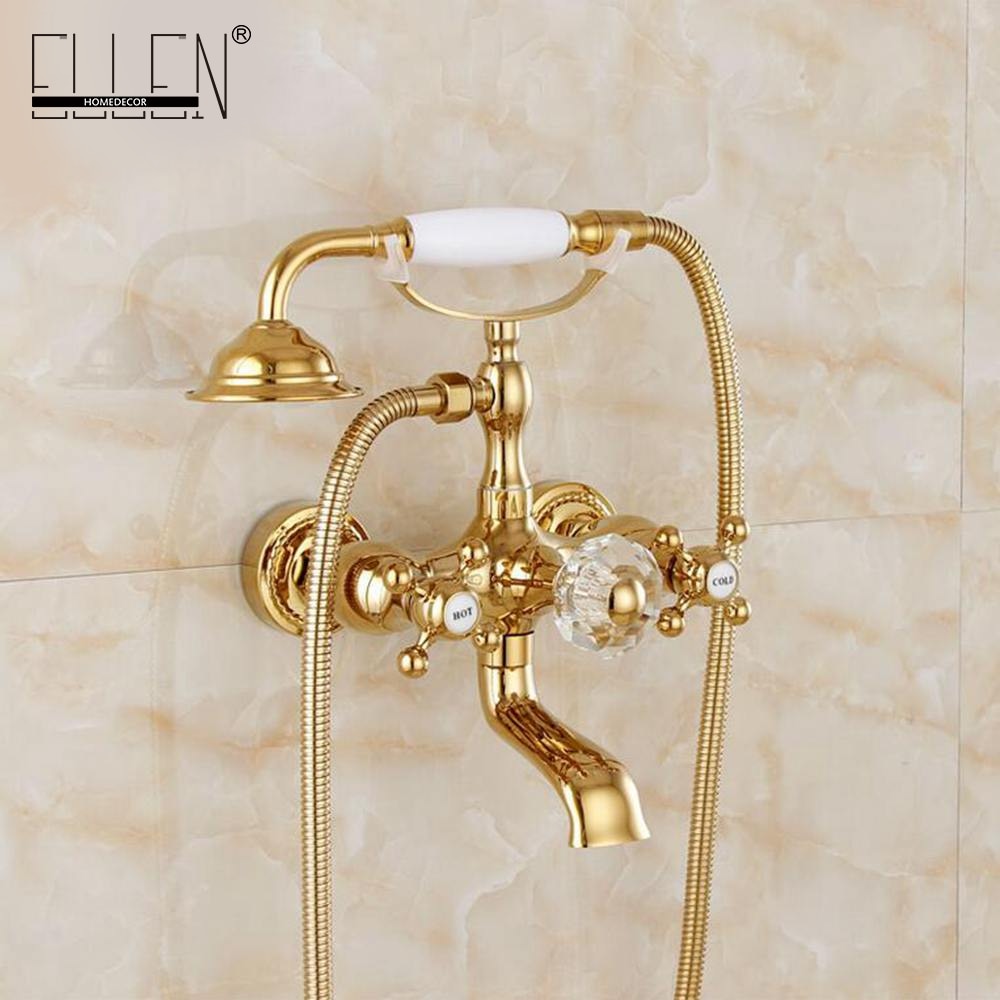 Luxury Crystal Handle Bathtub Gold Brass Faucet with Hand Shower Telephone Type Bath.